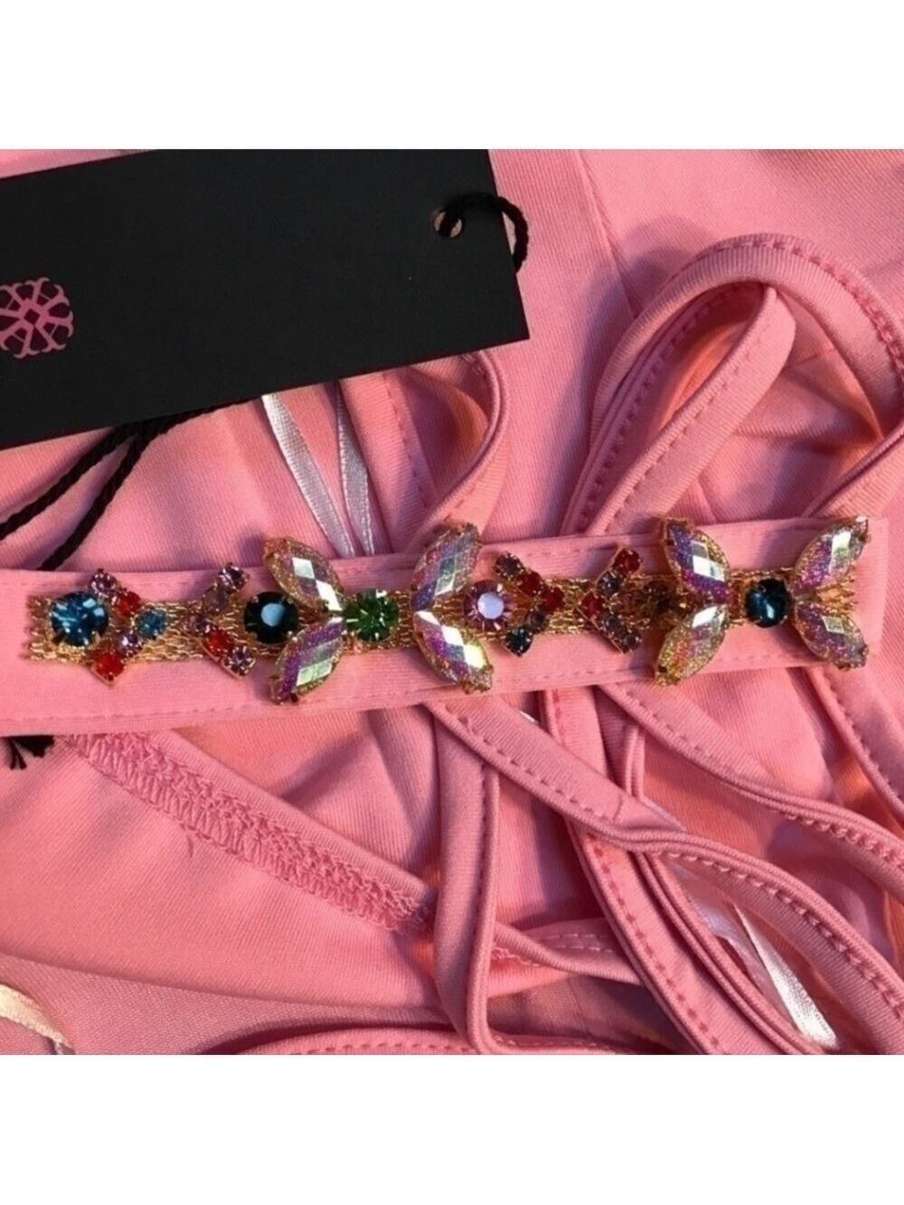 New Jeweled Camisole Style Top Unique Spaghetti Straps Pink Cochella Carnaval - Picture 6 of 7